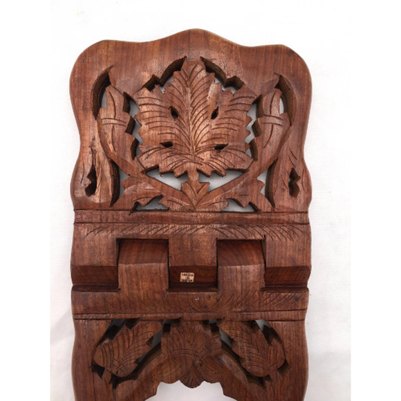Vintage Indian Hand CARVED Wood Book Stand / Wooden FOLDING Cookbook Stand - Picture 3 of 5